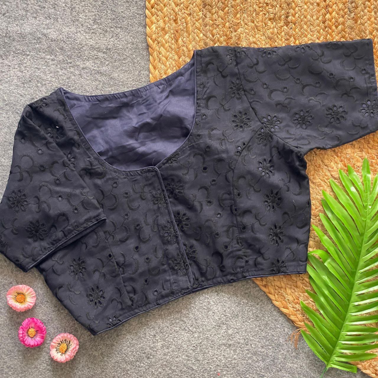 Hakoba Cotton Blouse-Black-Navy blue